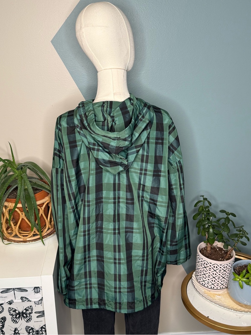 Zara Green Plaid Oversized Hooded Anorak Windbreaker XL - Picture 6 of 12